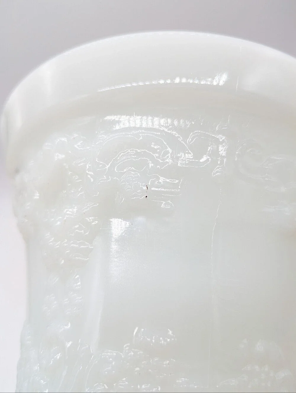 Vintage EO Brody White Milk Glass Floral & Grapevine Embossed Footed Vase